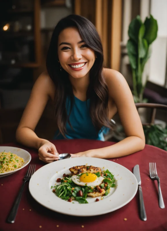 Smiling woman eating breakfast to lose weight and improve mental focus
