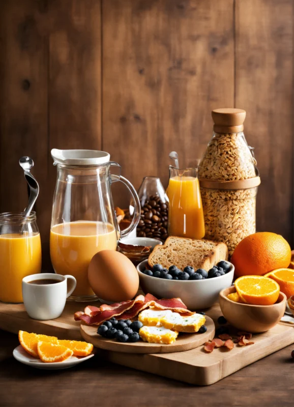 High-protein eating breakfast to lose weight with fruits, juice, cereal, and eggs