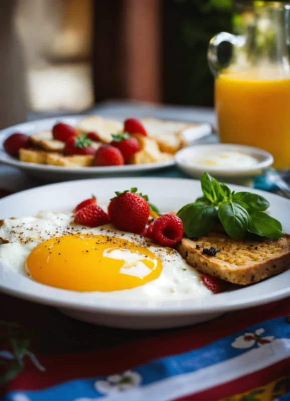 Eating breakfast to lose weight with eggs, strawberries, toast and basil to boost metabolism