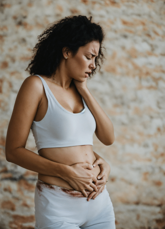 Woman clutching her bloated stomach and appearing in pain due to water retention