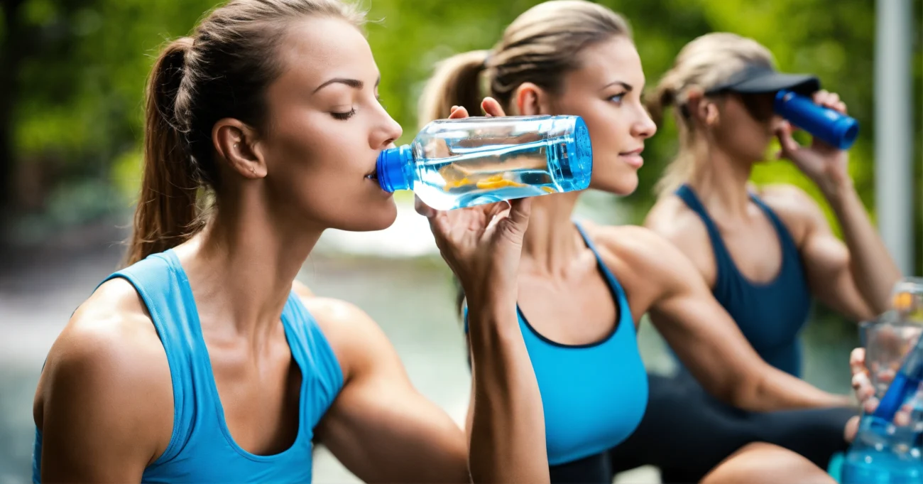 Athletic woman drinking a glass of water at the gym to aid in water weight loss