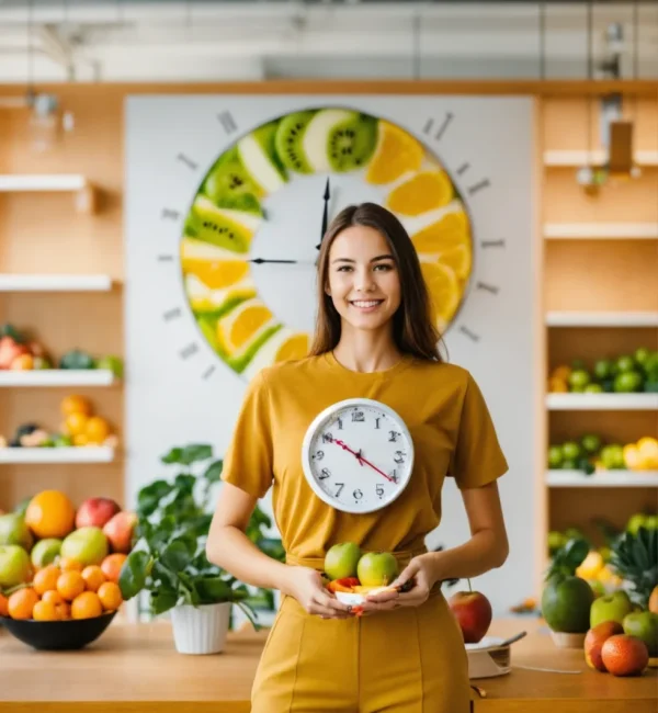Real photo of a positive girl holding a large cloc