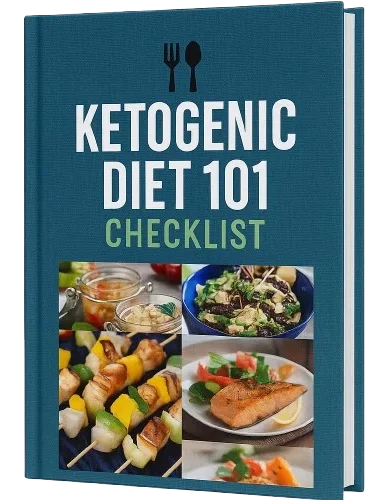 Ketogenic Diet 101 Checklist – Guide pratique pour débuter le régime cétogène Couverture de l'ebook "Ketogenic Diet 101 Checklist" avec des plats céto colorés et sains.